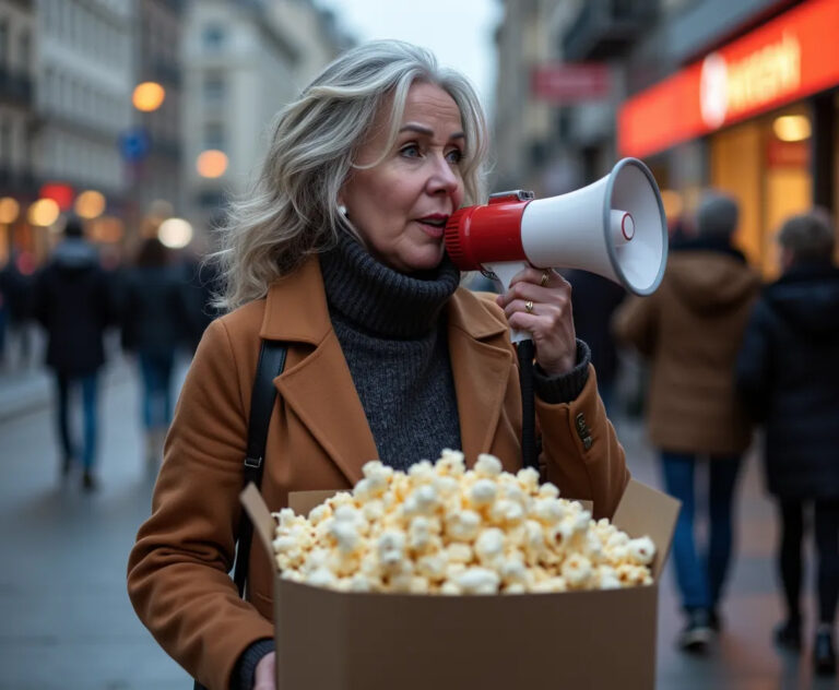 AI-genererad bild på en kvinna som liknar Åsa Snaar säljer popcorn