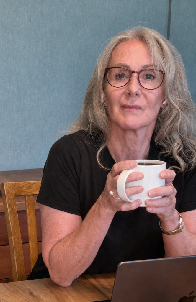 Åsa Snaar med kaffekopp och dator